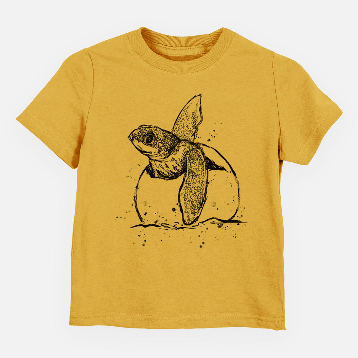 Honeycomb yellow toddler t-shirt laid flat, printed with a black ink illustration of a leatherback sea turtle hatchling emerging from its egg.