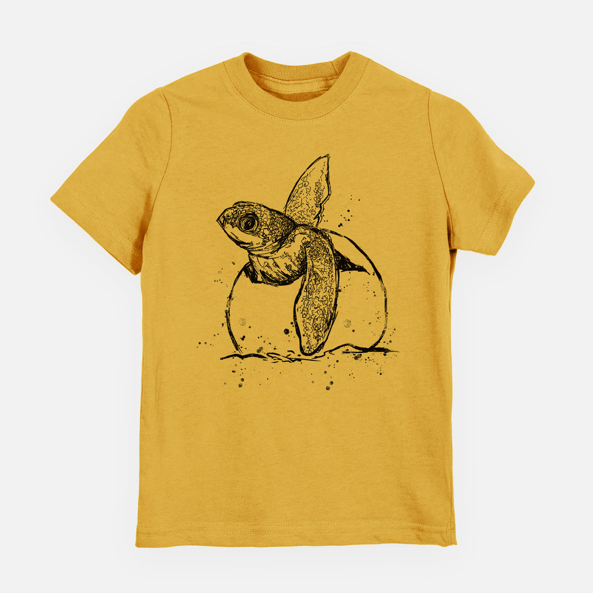 Honeycomb yellow youth t-shirt laid flat, printed with a black ink illustration of a leatherback sea turtle hatchling emerging from its egg.