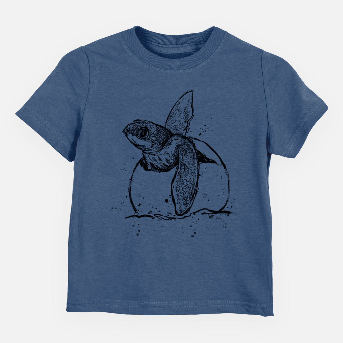 Indigo blue toddler t-shirt laid flat, printed with a black ink illustration of a leatherback sea turtle hatchling emerging from its egg.