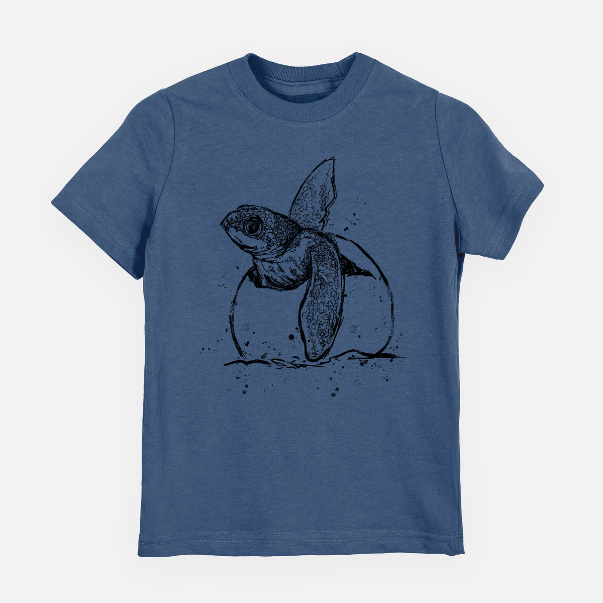 Indigo blue youth t-shirt laid flat, printed with a black ink illustration of a leatherback sea turtle hatchling emerging from its egg.