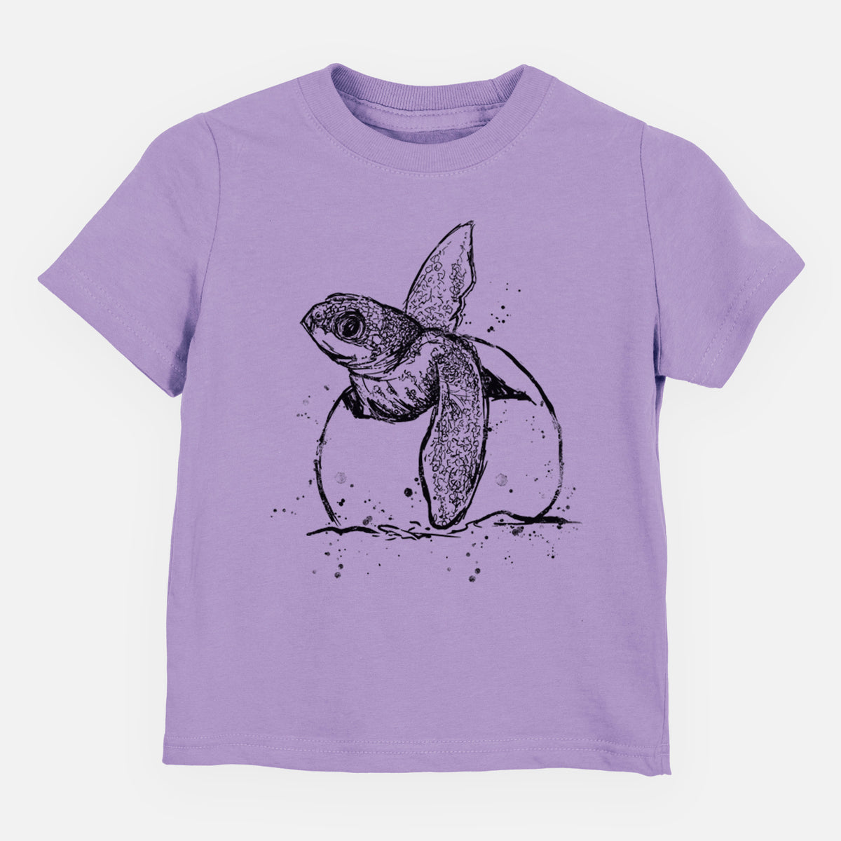 Lavender toddler t-shirt laid flat, printed with a black ink illustration of a leatherback sea turtle hatchling emerging from its egg.