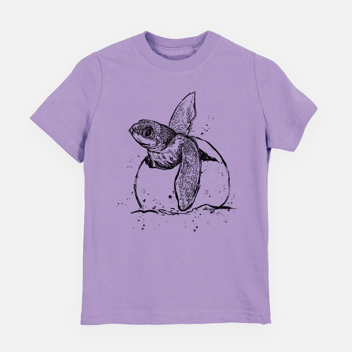 Lavender youth t-shirt laid flat, printed with a black ink illustration of a leatherback sea turtle hatchling emerging from its egg.