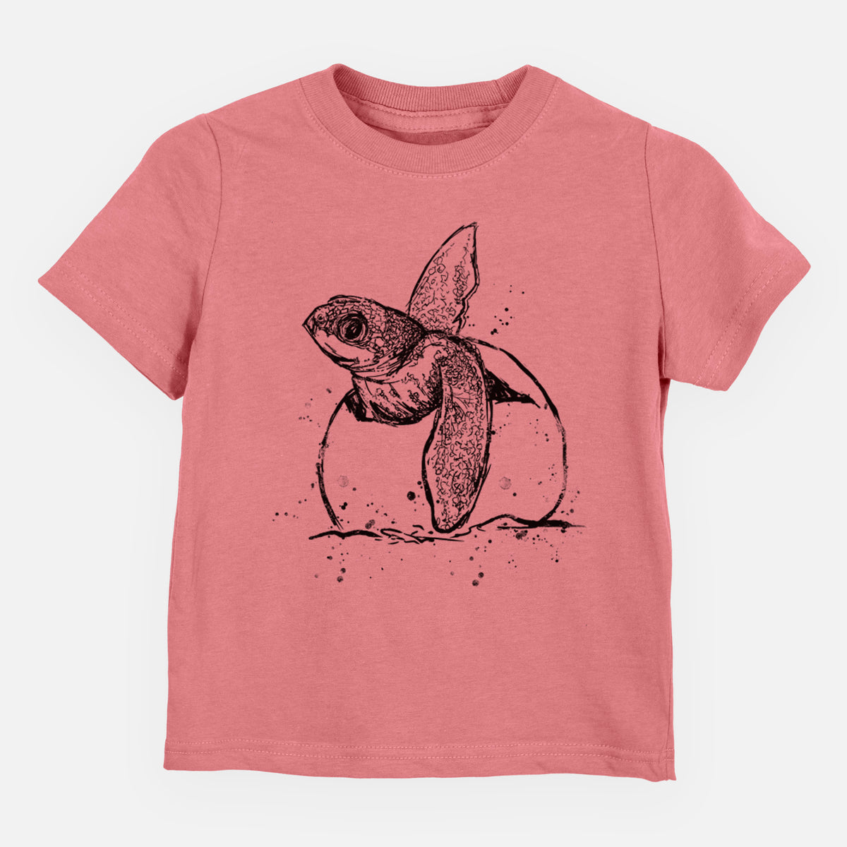 Mauve pink toddler t-shirt laid flat, printed with a black ink illustration of a leatherback sea turtle hatchling emerging from its egg.