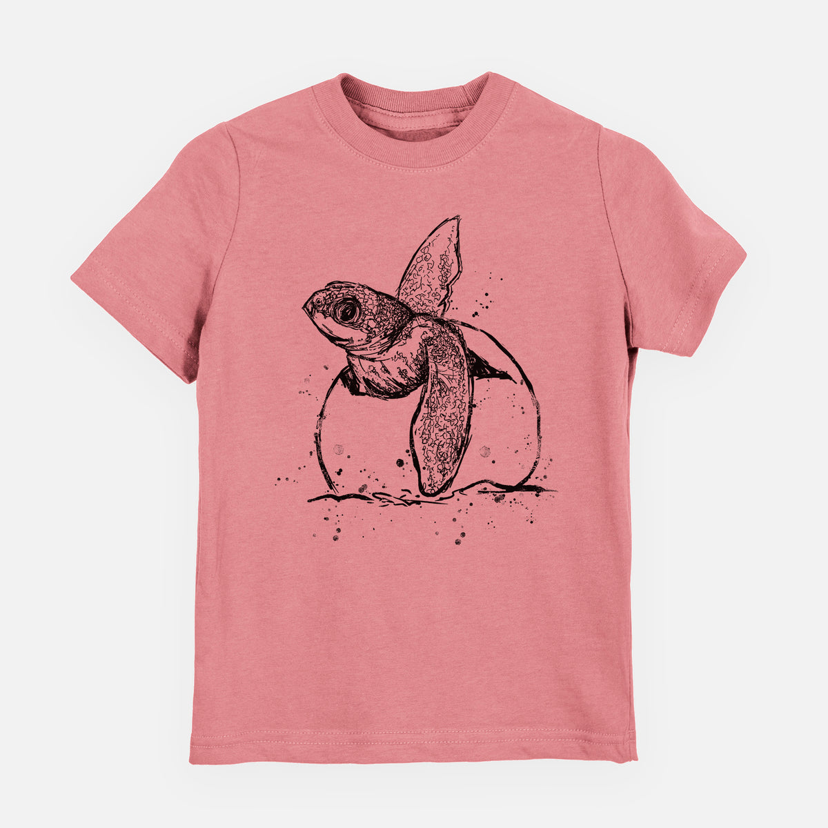 Mauve pink youth t-shirt laid flat, printed with a black ink illustration of a leatherback sea turtle hatchling emerging from its egg.