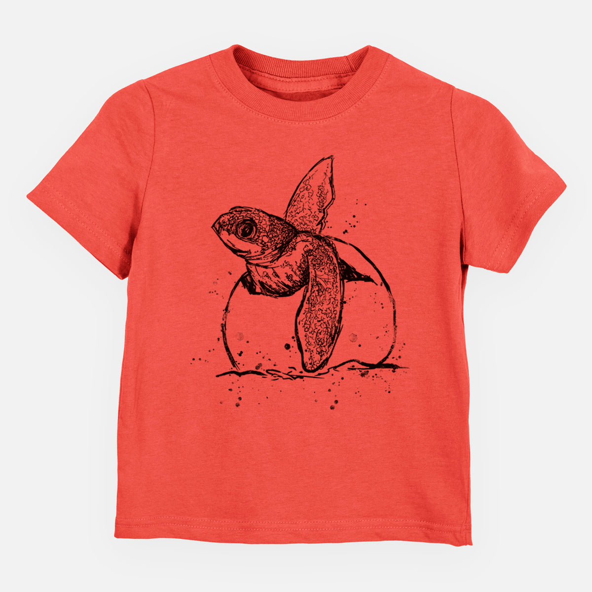 Passionfruit pink toddler t-shirt laid flat, printed with a black ink illustration of a leatherback sea turtle hatchling emerging from its egg.