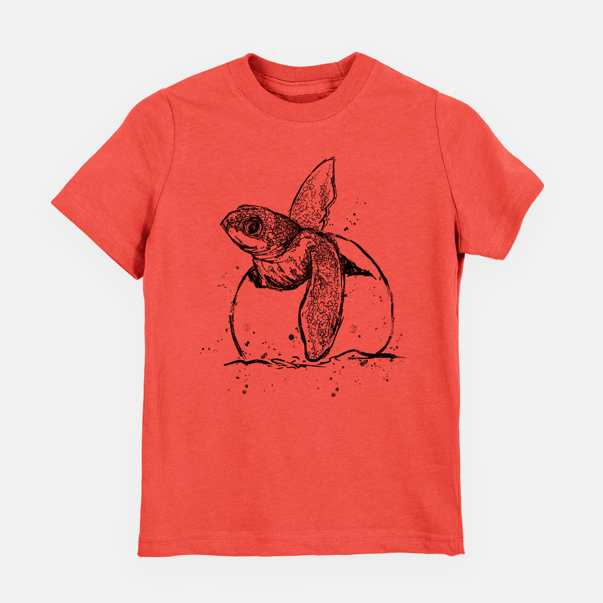 Passionfruit pink youth t-shirt laid flat, printed with a black ink illustration of a leatherback sea turtle hatchling emerging from its egg.