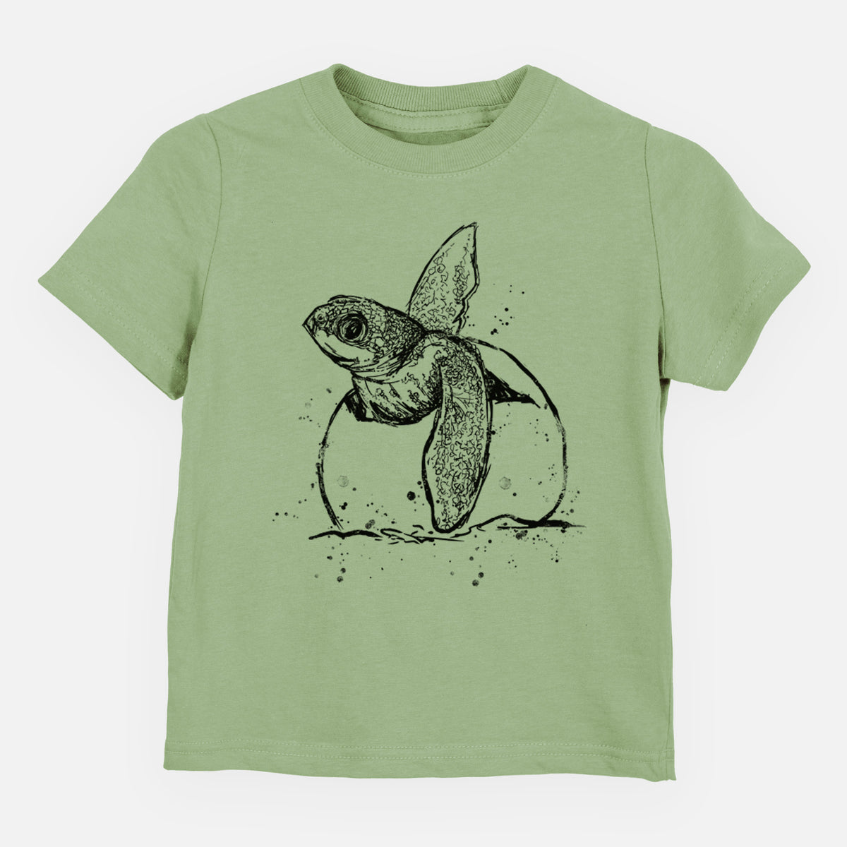 Sage green toddler t-shirt laid flat, printed with a black ink illustration of a leatherback sea turtle hatchling emerging from its egg.
