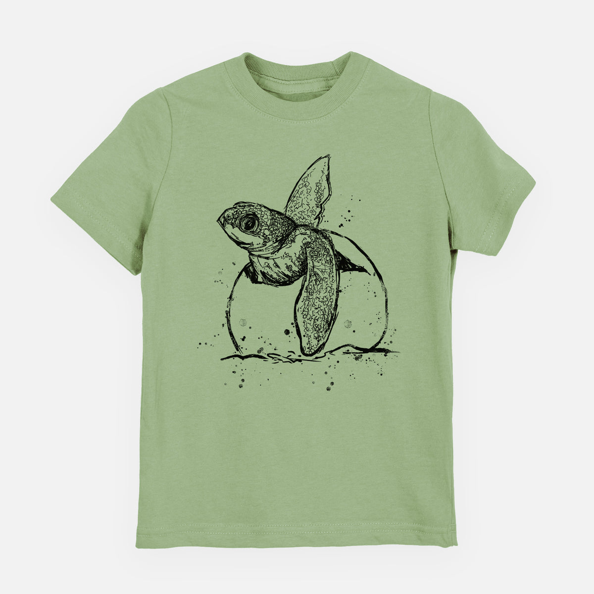 Sage green youth t-shirt laid flat, printed with a black ink illustration of a leatherback sea turtle hatchling emerging from its egg.