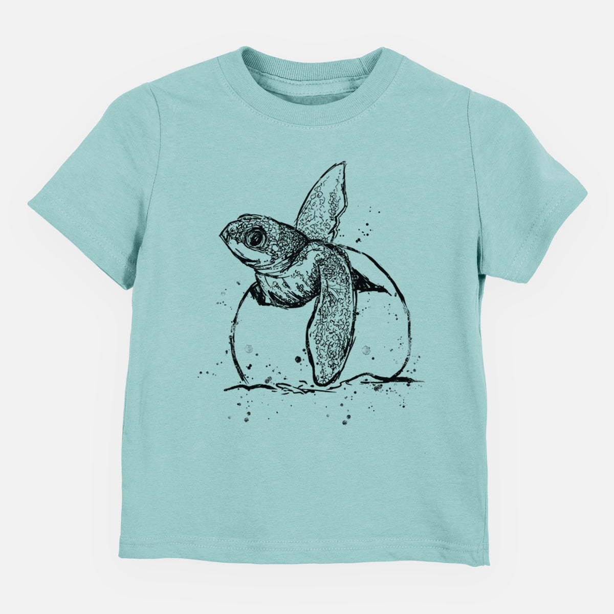 Saltwater toddler t-shirt laid flat, printed with a black ink illustration of a leatherback sea turtle hatchling emerging from its egg.