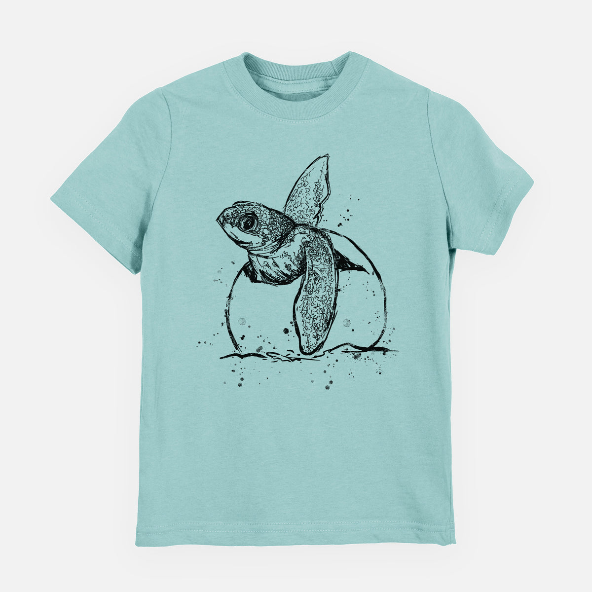 Saltwater youth t-shirt laid flat, printed with a black ink illustration of a leatherback sea turtle hatchling emerging from its egg.