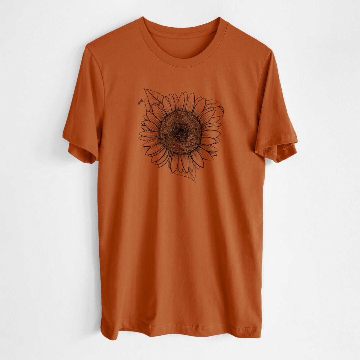 Autumn lightweight cotton t-shirt laid flat, printed with a detailed black ink line drawing of a Lemon Queen sunflower in bloom.