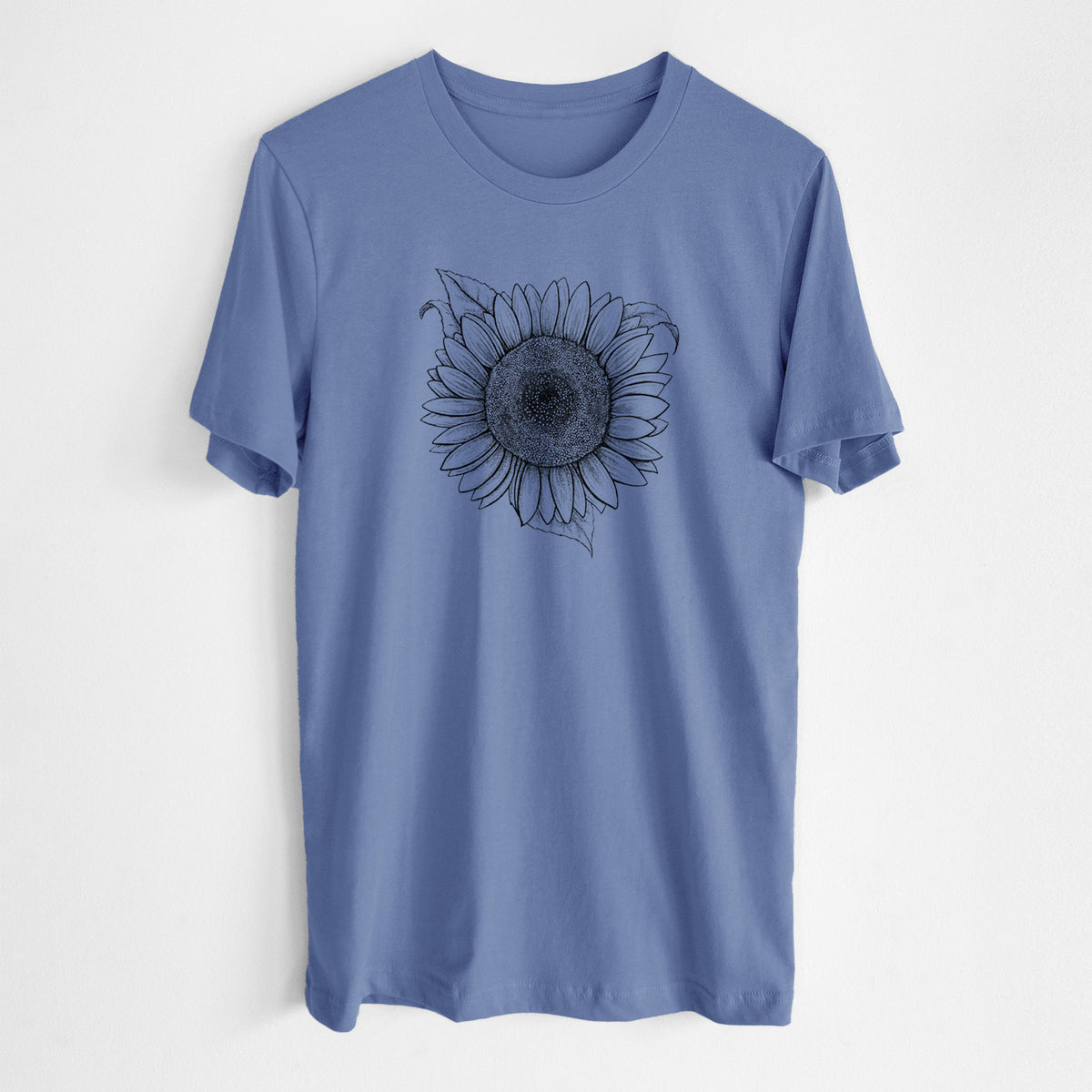 Blue bell lightweight cotton t-shirt laid flat, printed with a detailed black ink line drawing of a Lemon Queen sunflower in bloom.