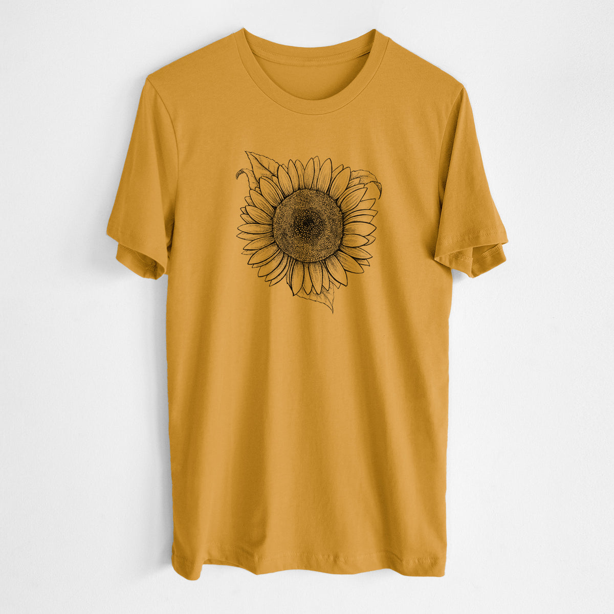 Honeycomb yellow lightweight cotton t-shirt laid flat, printed with a detailed black ink line drawing of a Lemon Queen sunflower in bloom.