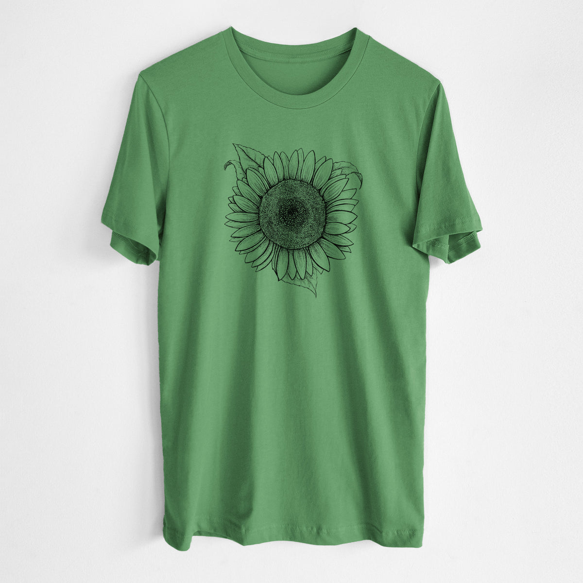 Leaf green lightweight cotton t-shirt laid flat, printed with a detailed black ink line drawing of a Lemon Queen sunflower in bloom.