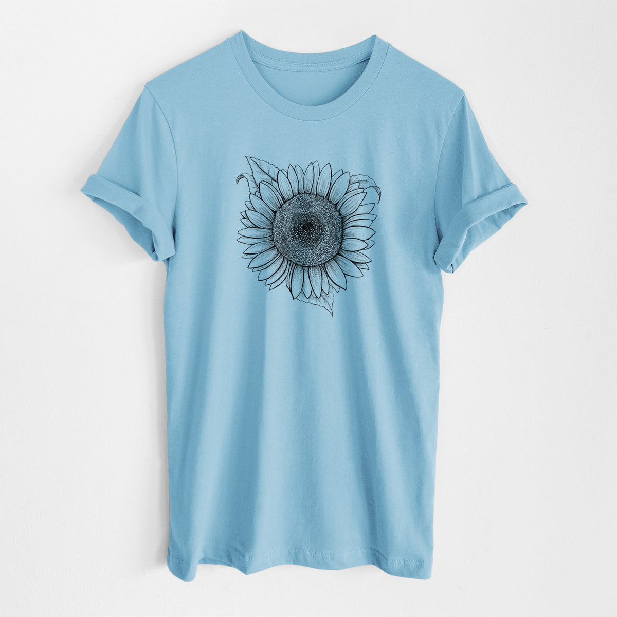 Ocean blue lightweight cotton t-shirt laid flat, printed with a detailed black ink line drawing of a Lemon Queen sunflower in bloom.