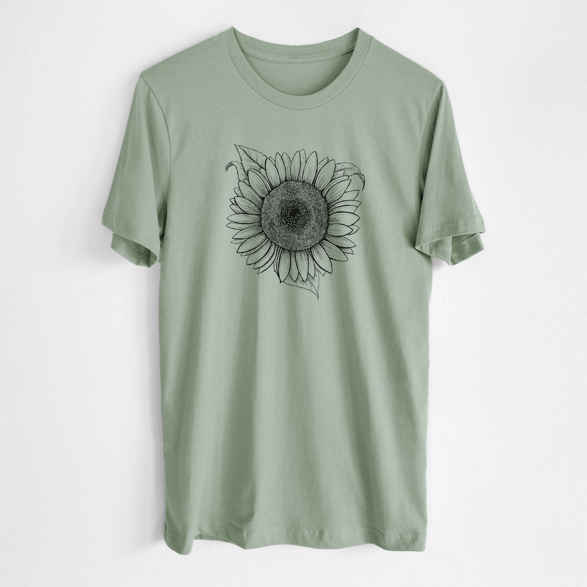 Sage green lightweight cotton t-shirt laid flat, printed with a detailed black ink line drawing of a Lemon Queen sunflower in bloom.