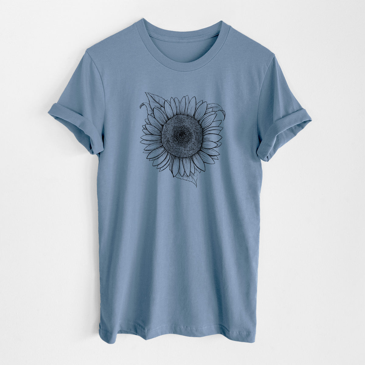 Steel blue lightweight cotton t-shirt laid flat, printed with a detailed black ink line drawing of a Lemon Queen sunflower in bloom.