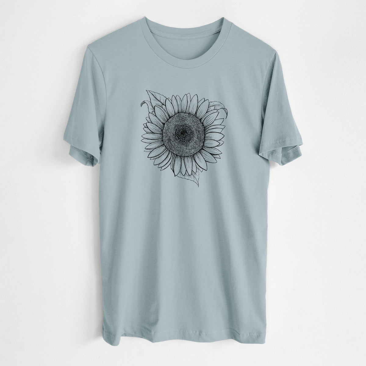Vintage denim lightweight cotton t-shirt laid flat, printed with a detailed black ink line drawing of a Lemon Queen sunflower in bloom.