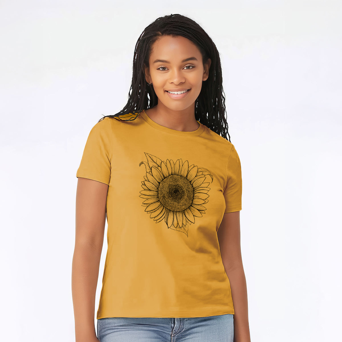 Woman wearing a mustard yellow women's relaxed fit cotton t-shirt printed with a detailed black ink line drawing of a Lemon Queen sunflower in bloom.
