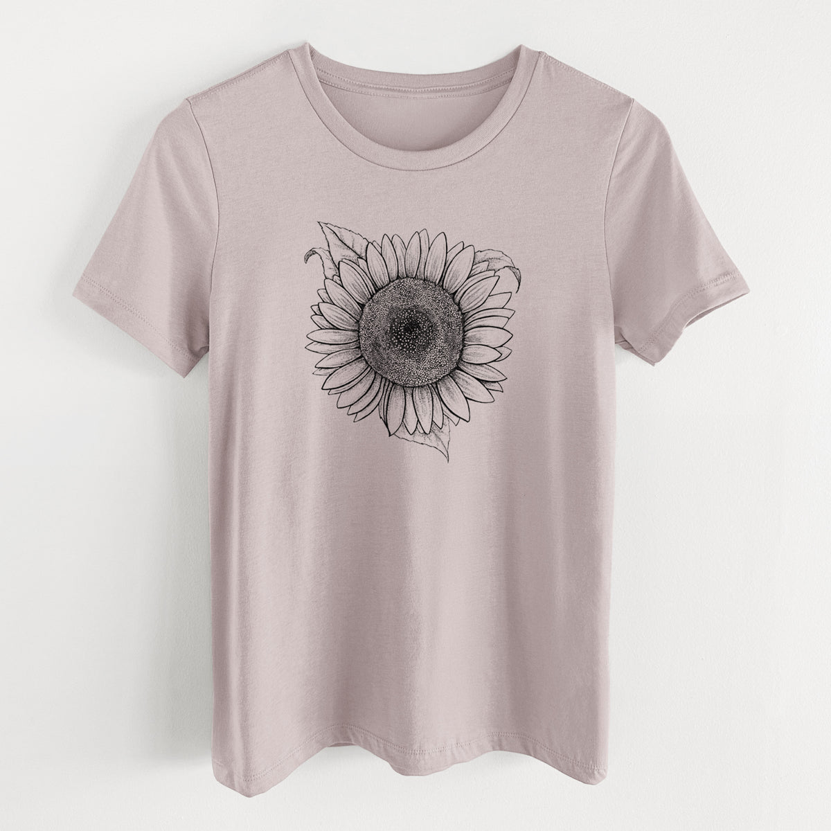 Pink gravel women's relaxed fit cotton t-shirt laid flat, printed with a detailed black ink line drawing of a Lemon Queen sunflower in bloom.