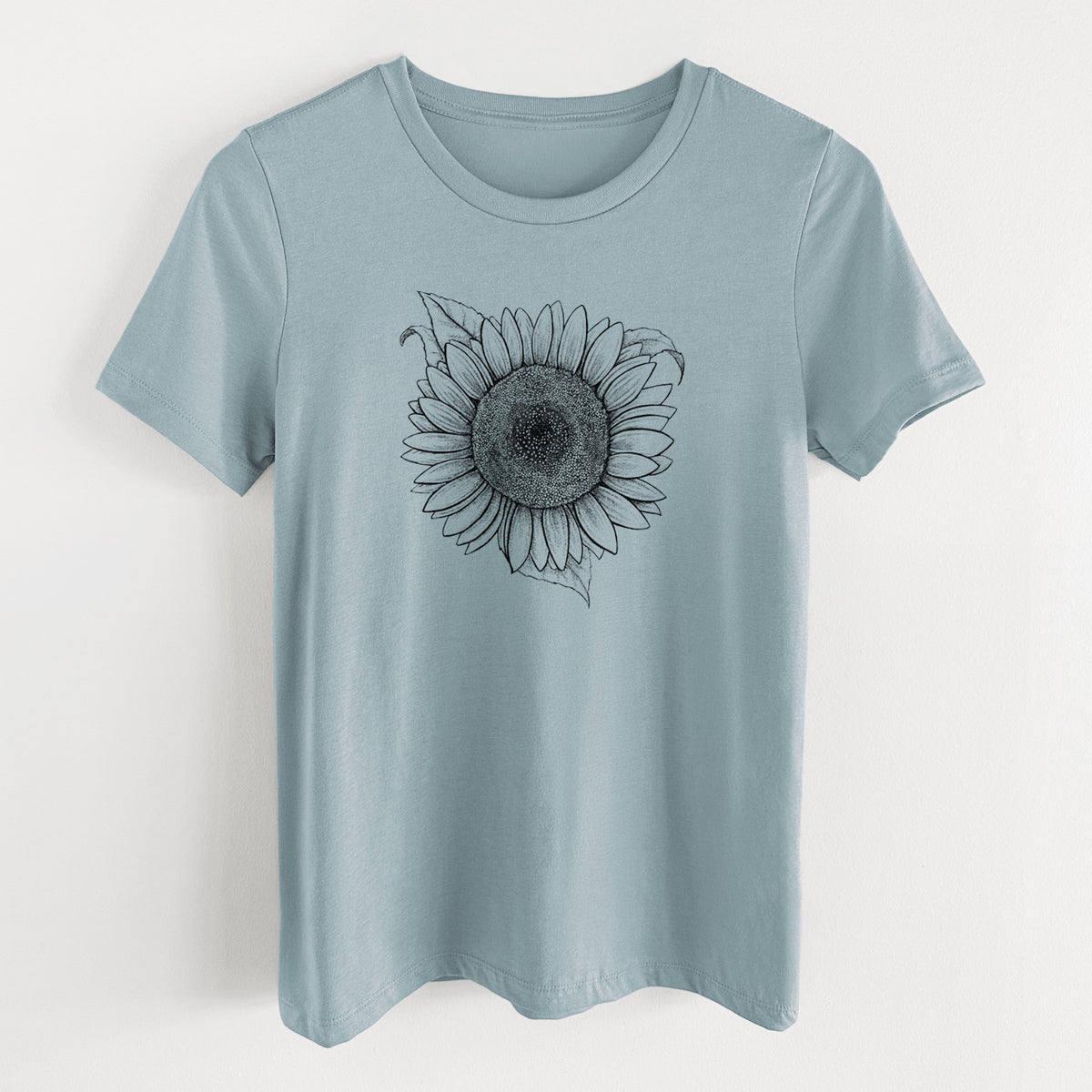 Vintage denim women's relaxed fit cotton t-shirt laid flat, printed with a detailed black ink line drawing of a Lemon Queen sunflower in bloom.