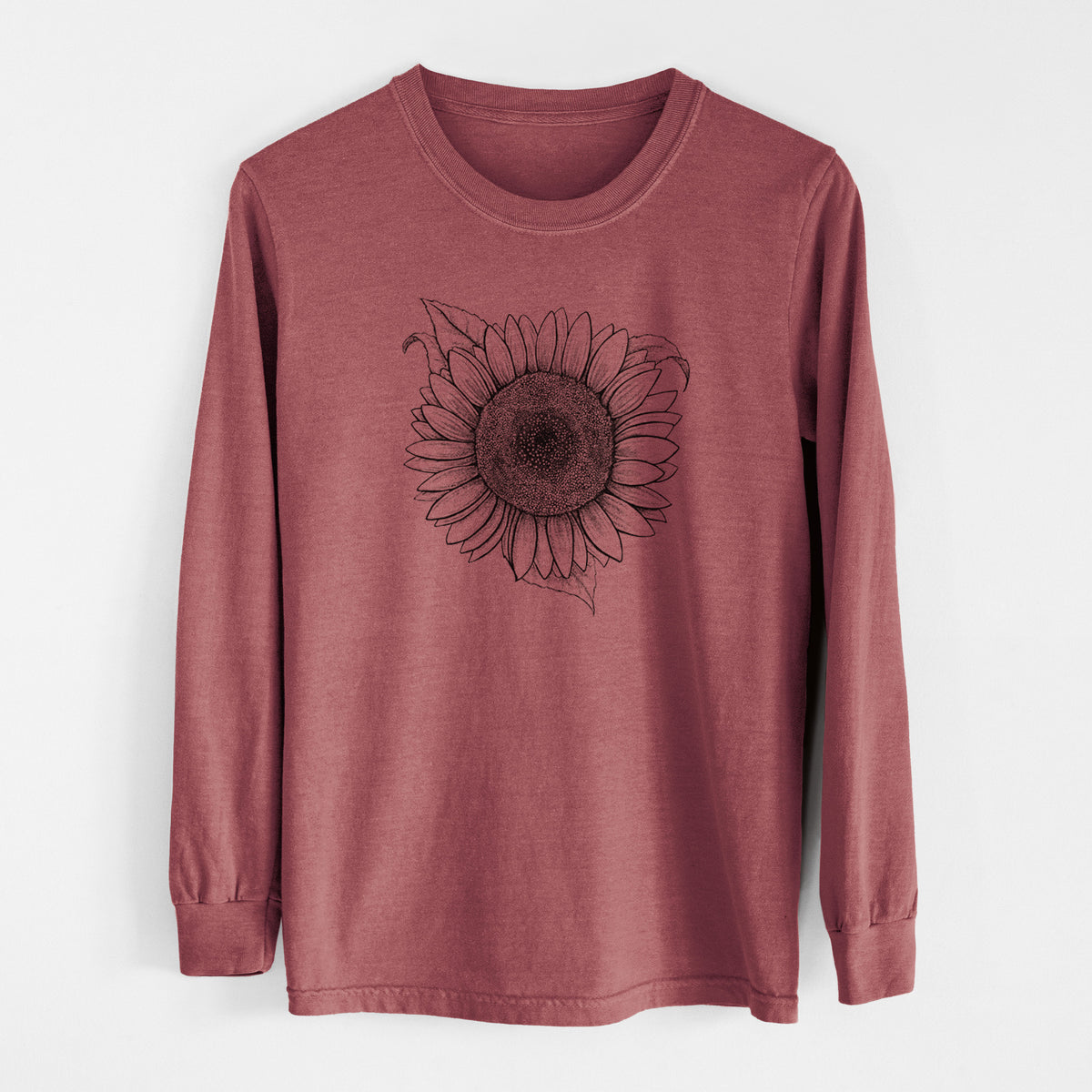 Brick red Comfort Colors long sleeve shirt laid flat, printed with a detailed black ink line drawing of a Lemon Queen sunflower in bloom.