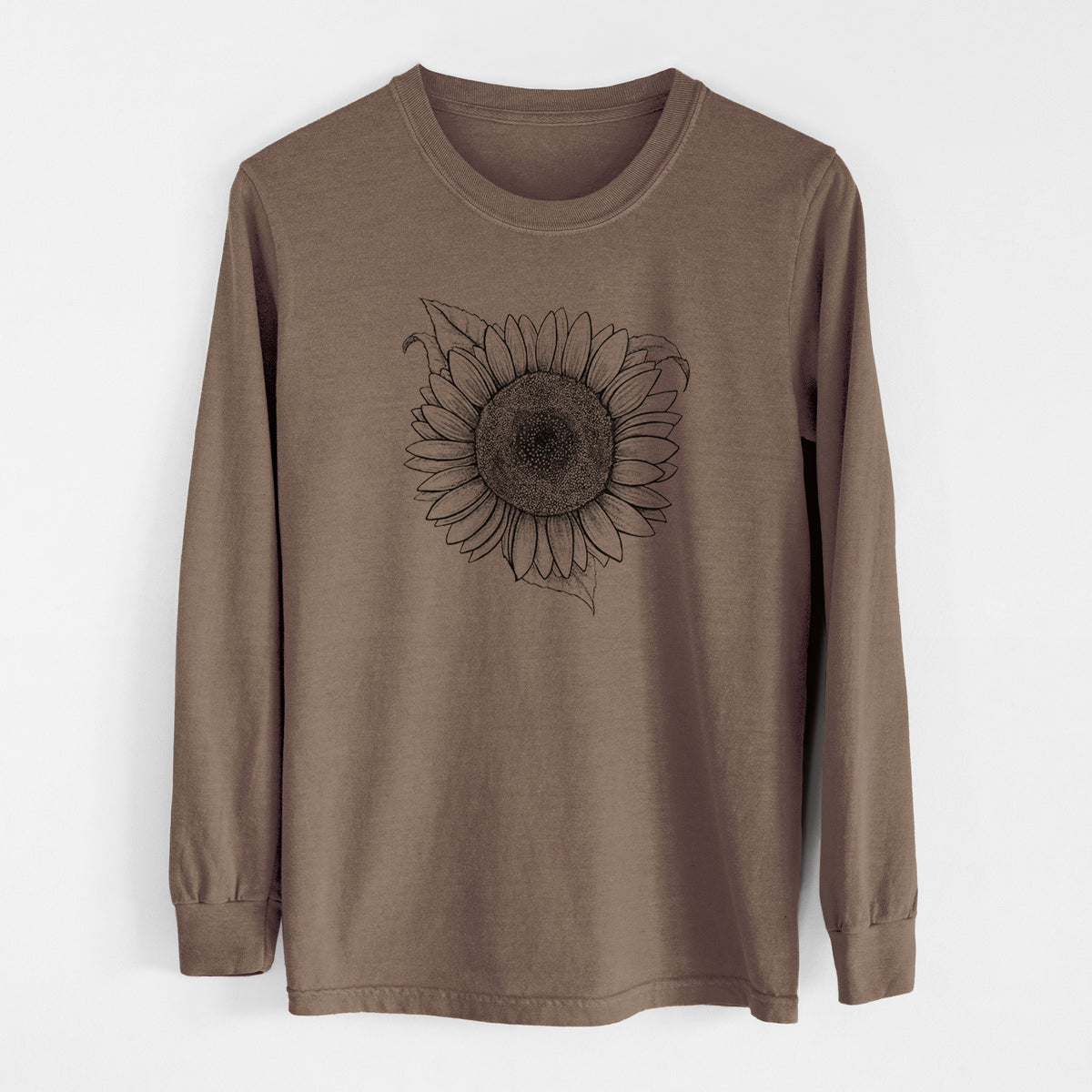 Espresso brown Comfort Colors long sleeve shirt laid flat, printed with a detailed black ink line drawing of a Lemon Queen sunflower in bloom.