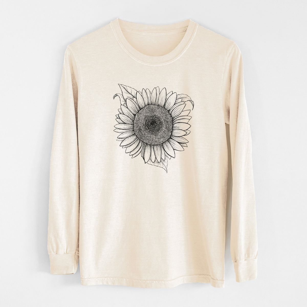 Ivory Comfort Colors long sleeve shirt laid flat, printed with a detailed black ink line drawing of a Lemon Queen sunflower in bloom.