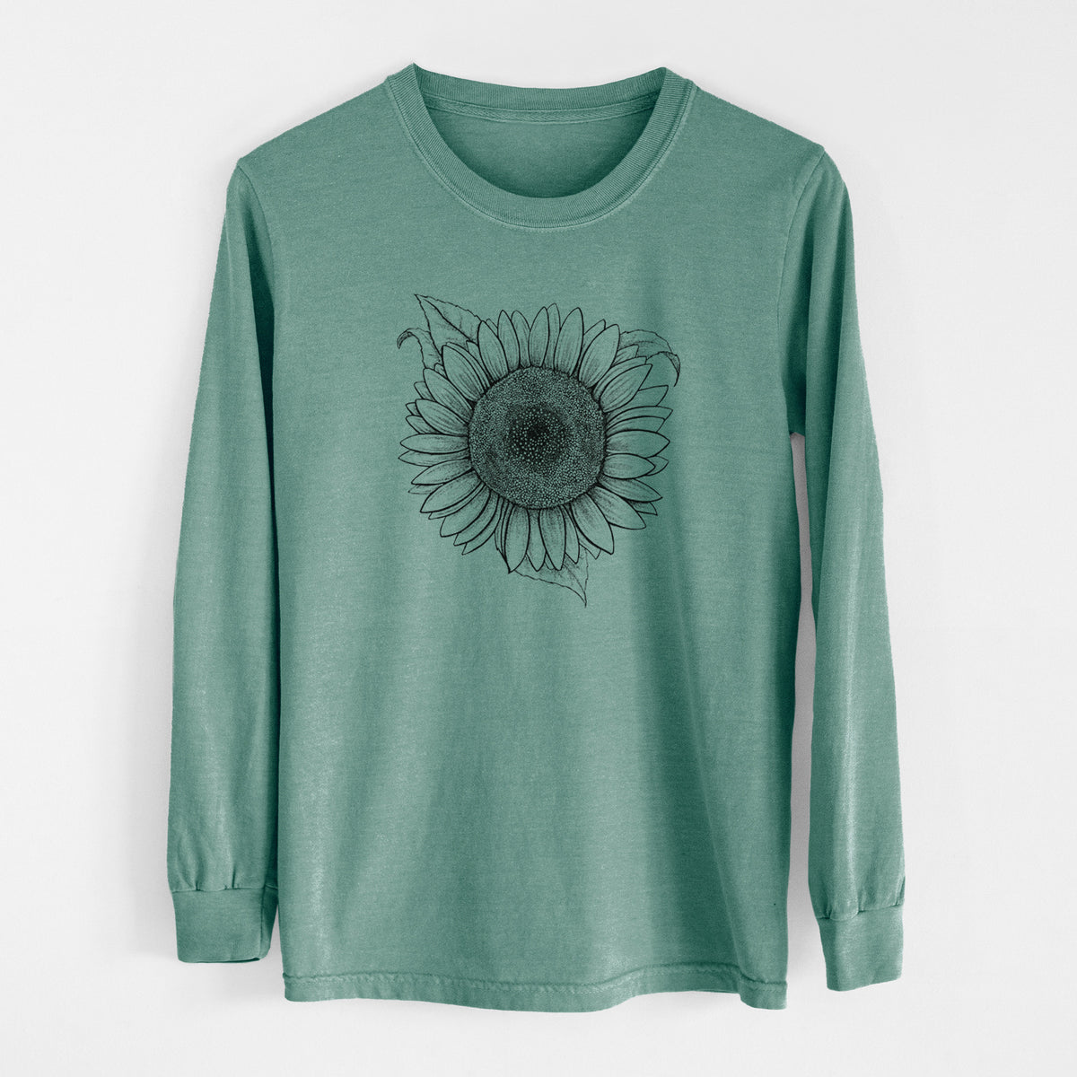Pine green Comfort Colors long sleeve shirt laid flat, printed with a detailed black ink line drawing of a Lemon Queen sunflower in bloom.
