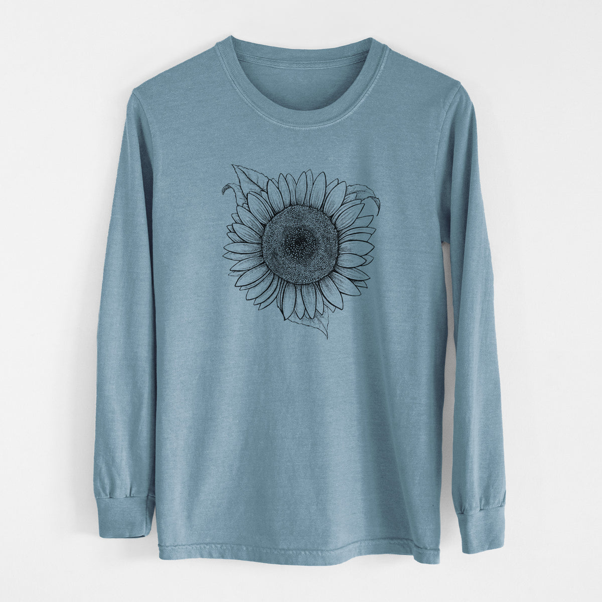 Steel blue Comfort Colors long sleeve shirt laid flat, printed with a detailed black ink line drawing of a Lemon Queen sunflower in bloom.
