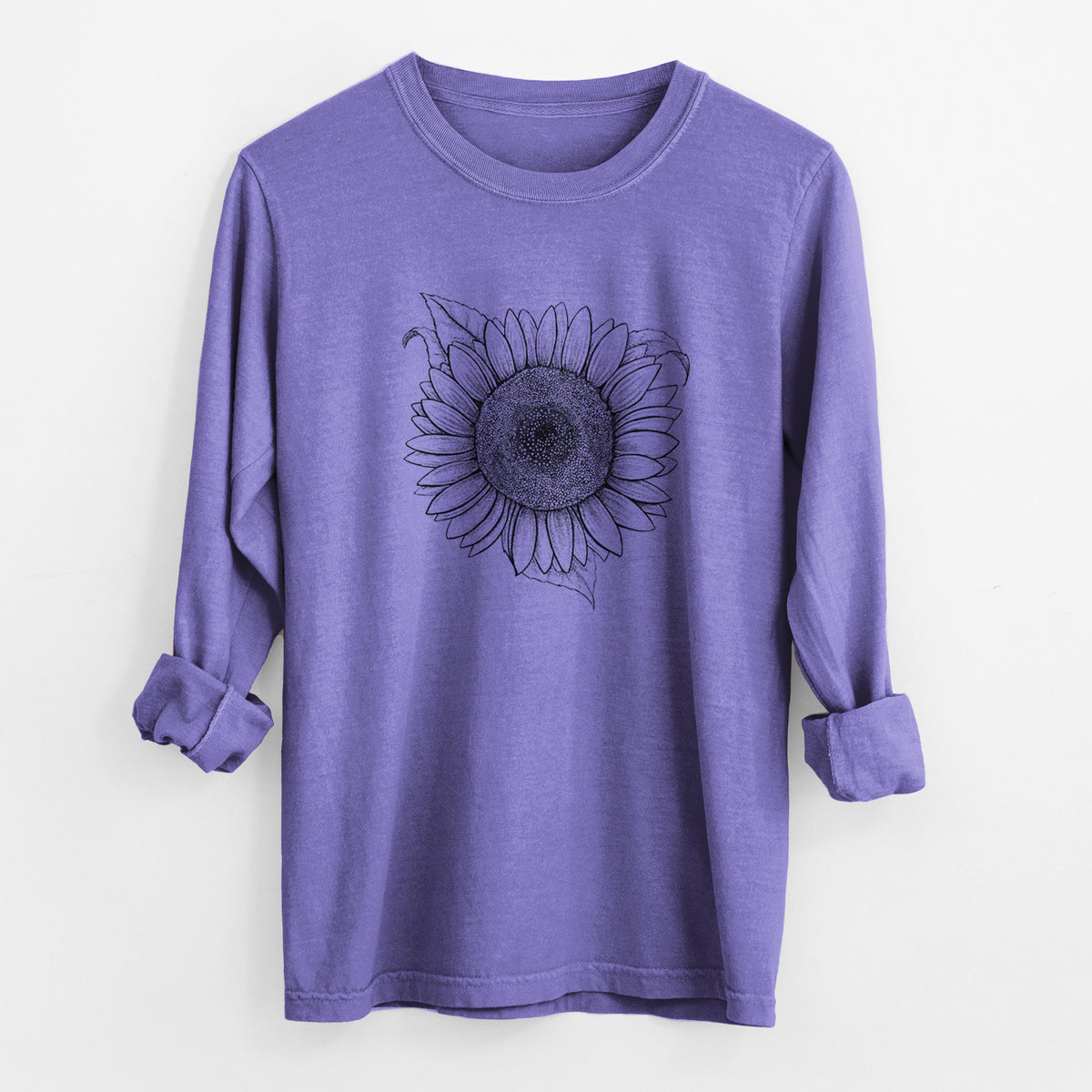 Violet purple Comfort Colors long sleeve shirt laid flat with the cuffs rolled, printed with a detailed black ink line drawing of a Lemon Queen sunflower in bloom.