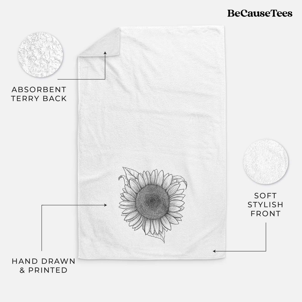 White hand towel printed with a detailed black ink line drawing of a Lemon Queen sunflower in bloom.