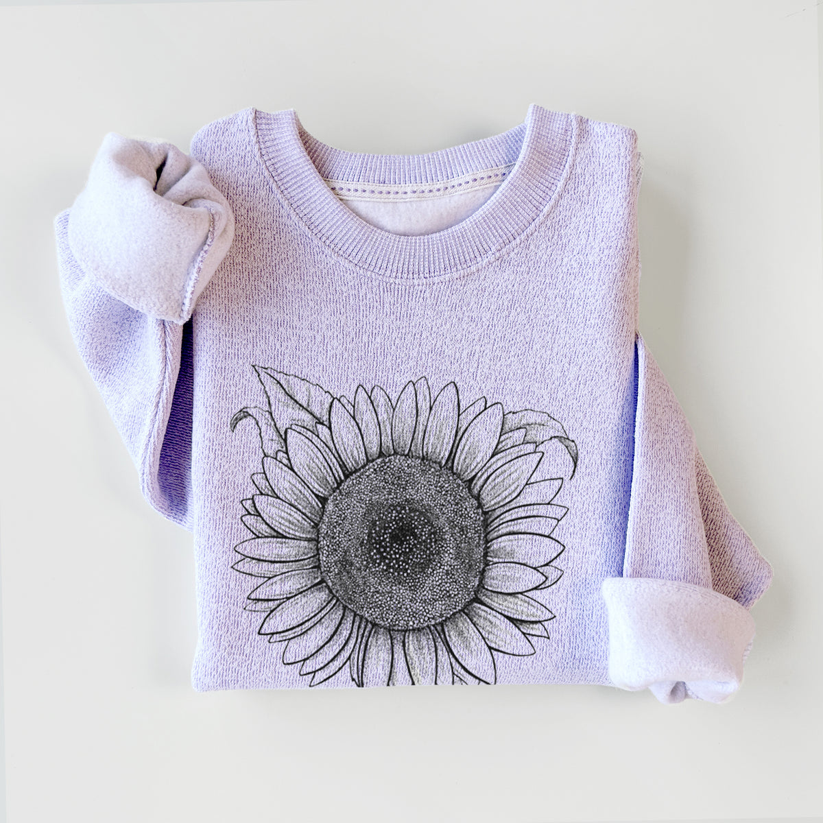 Ice purple knit sweatshirt printed with a detailed black ink line drawing of a Lemon Queen sunflower in bloom, styled flat.