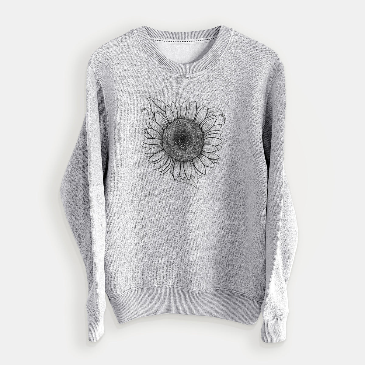 Salt and pepper knit sweatshirt laid flat, printed with a detailed black ink line drawing of a Lemon Queen sunflower in bloom.