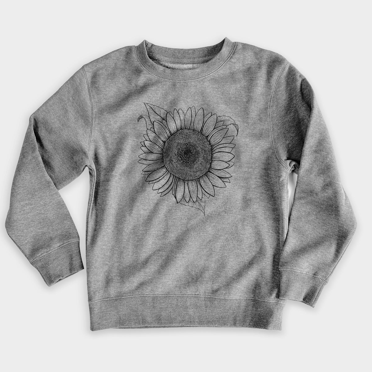 Nickel grey youth crewneck sweatshirt laid flat, printed with a detailed black ink line drawing of a Lemon Queen sunflower in bloom.