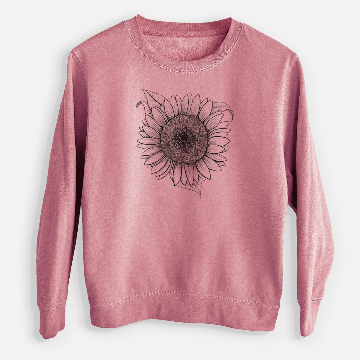 Mauve pink youth crewneck sweatshirt laid flat, printed with a detailed black ink line drawing of a Lemon Queen sunflower in bloom.