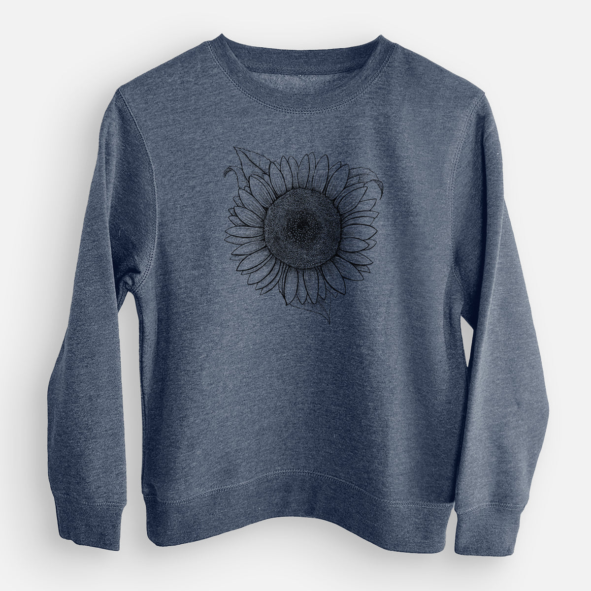 Storm blue youth crewneck sweatshirt laid flat, printed with a detailed black ink line drawing of a Lemon Queen sunflower in bloom.