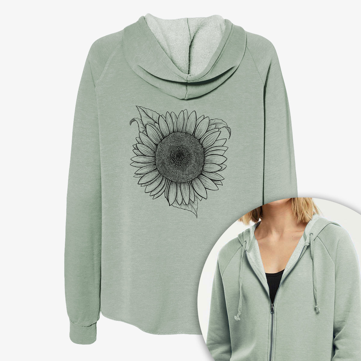 Women's Cali Wave zip-up sweatshirt printed with a detailed black ink line drawing of a Lemon Queen sunflower in bloom, with a close-up of the zipper.