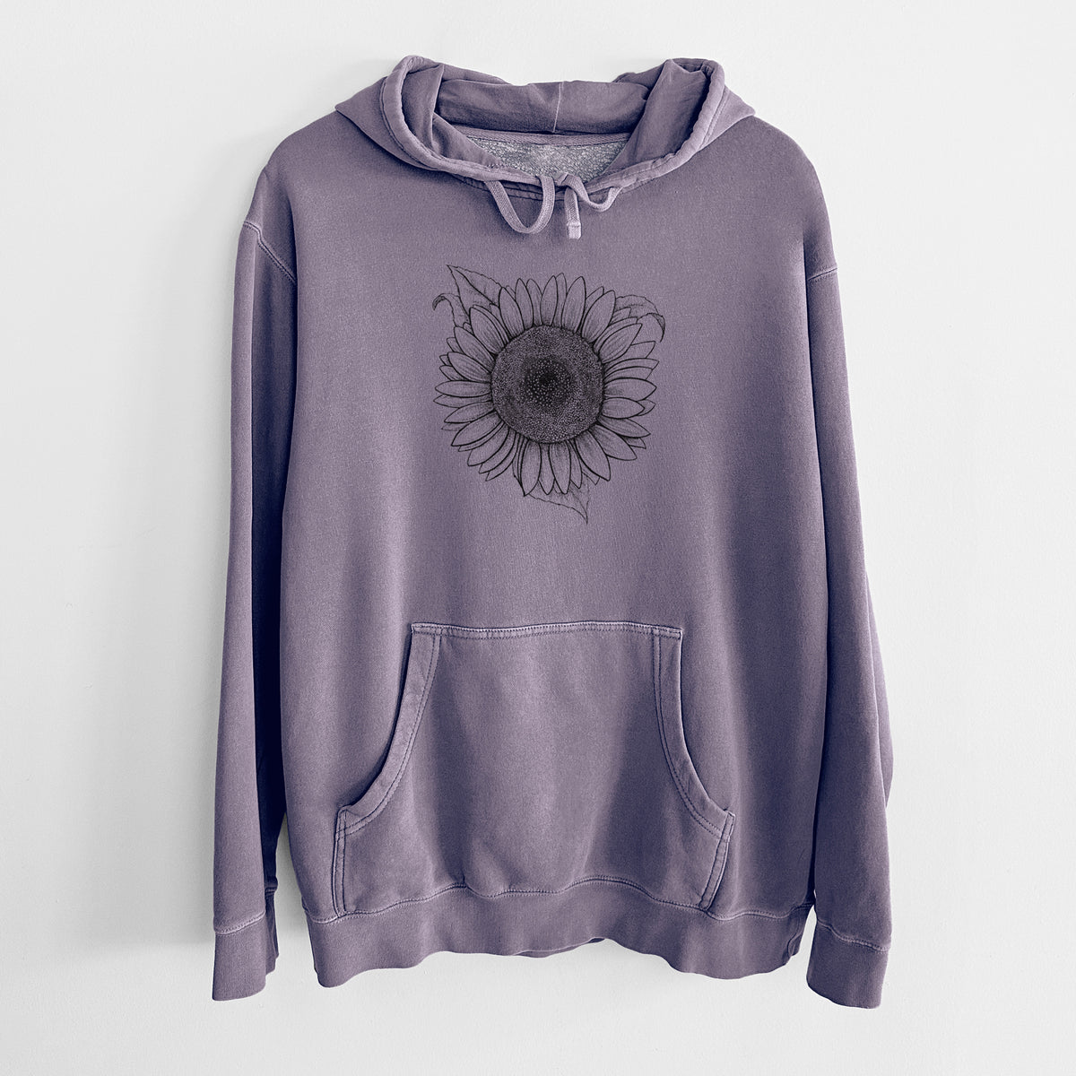 Plum purple pigment dyed hoodie laid flat, printed with a detailed black ink line drawing of a Lemon Queen sunflower in bloom.