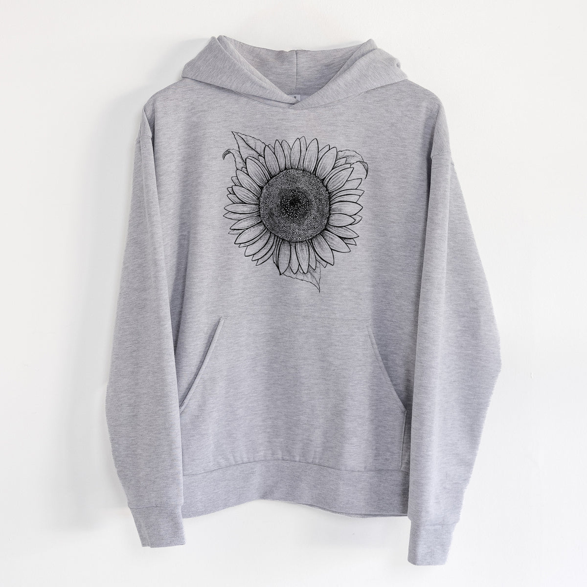 Lemon Queen Sunflower - Helianthus Annuus - Statement Midweight Hoodie in Heather Grey, hanging on a white wall, with a front kangaroo pocket and no drawcords.