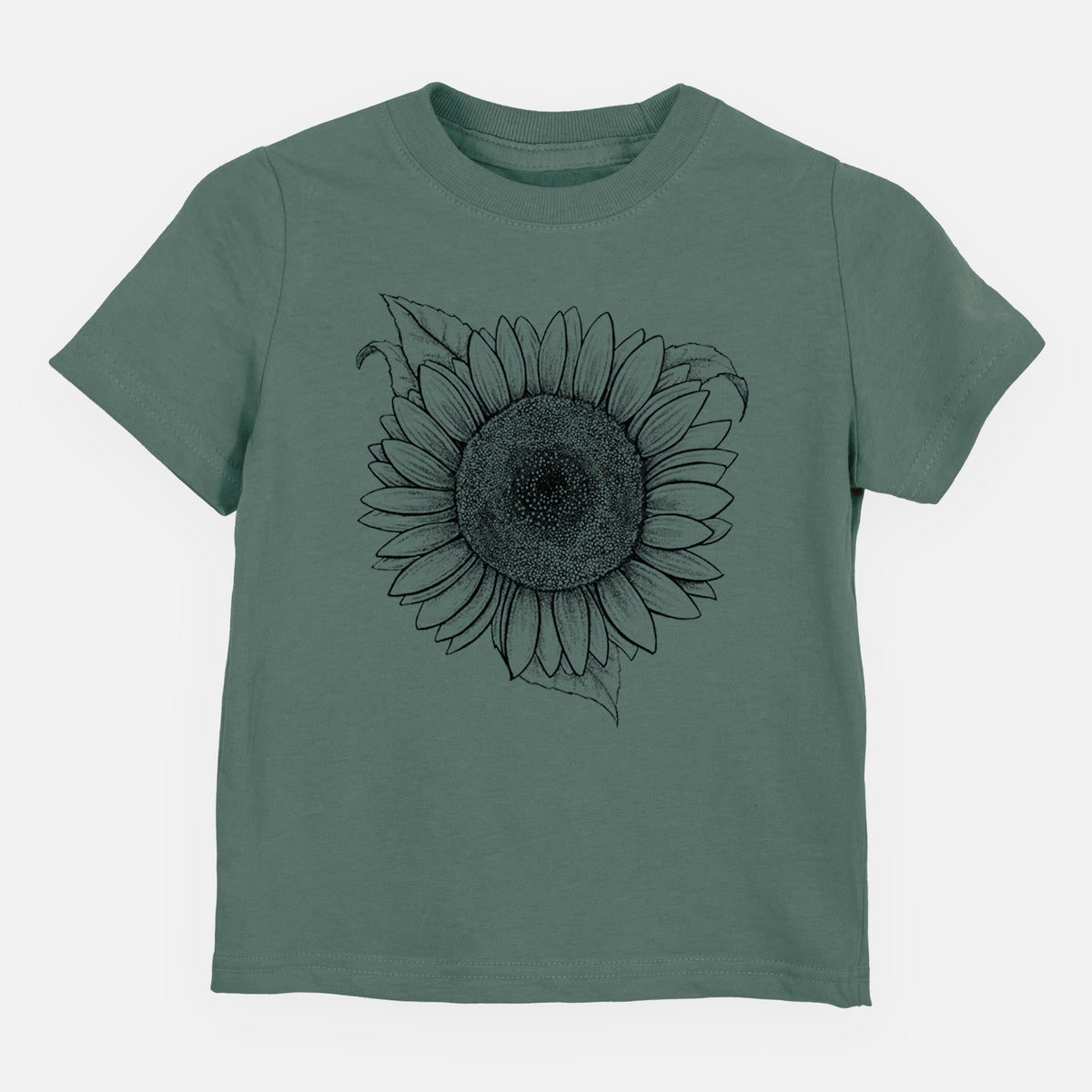 Basil green toddler t-shirt laid flat, printed with a detailed black ink line drawing of a Lemon Queen sunflower in bloom.