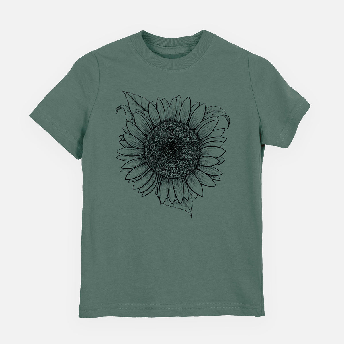 Basil green youth t-shirt laid flat, printed with a detailed black ink line drawing of a Lemon Queen sunflower in bloom.