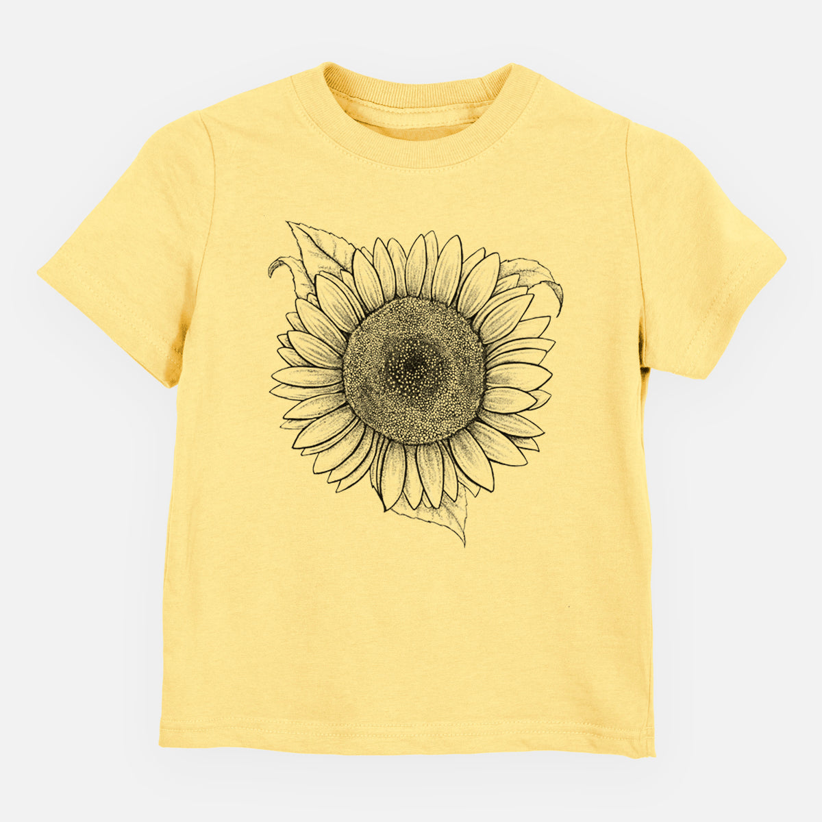 Butter yellow toddler t-shirt laid flat, printed with a detailed black ink line drawing of a Lemon Queen sunflower in bloom.