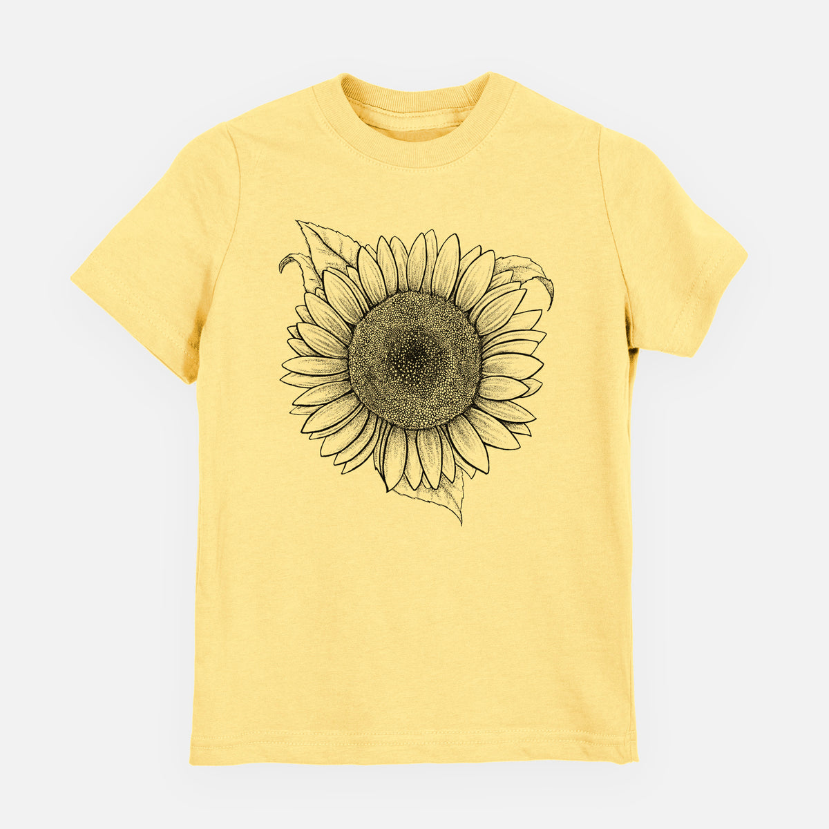 Butter yellow youth t-shirt laid flat, printed with a detailed black ink line drawing of a Lemon Queen sunflower in bloom.