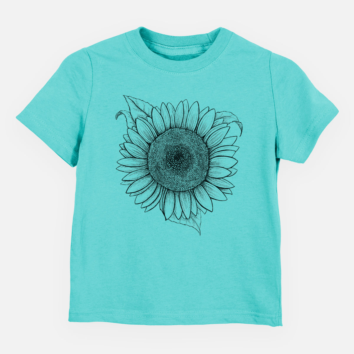 Caribbean blue toddler t-shirt laid flat, printed with a detailed black ink line drawing of a Lemon Queen sunflower in bloom.
