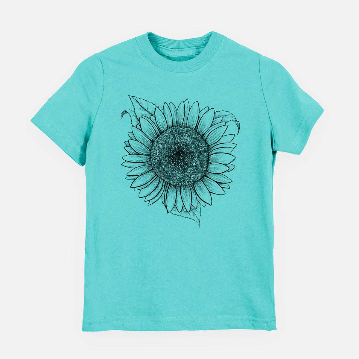 Caribbean blue youth t-shirt laid flat, printed with a detailed black ink line drawing of a Lemon Queen sunflower in bloom.