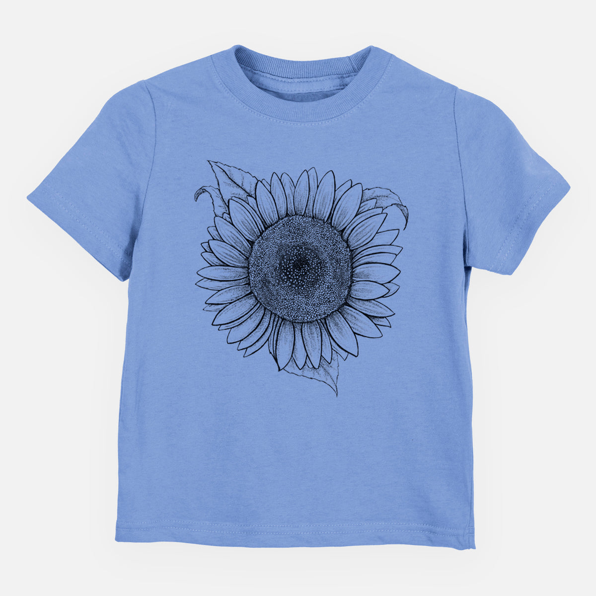 Carolina blue toddler t-shirt laid flat, printed with a detailed black ink line drawing of a Lemon Queen sunflower in bloom.