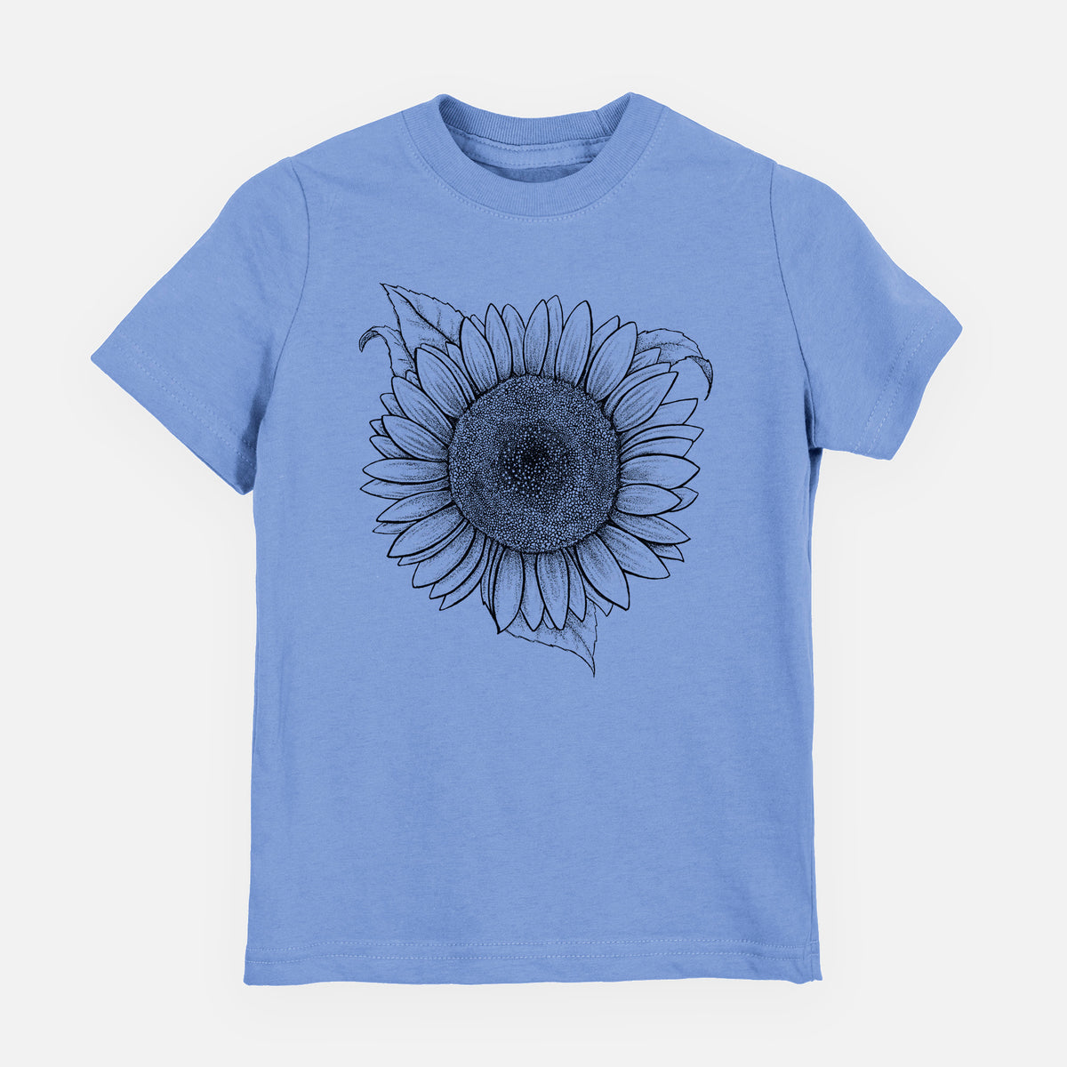 Carolina blue youth t-shirt laid flat, printed with a detailed black ink line drawing of a Lemon Queen sunflower in bloom.