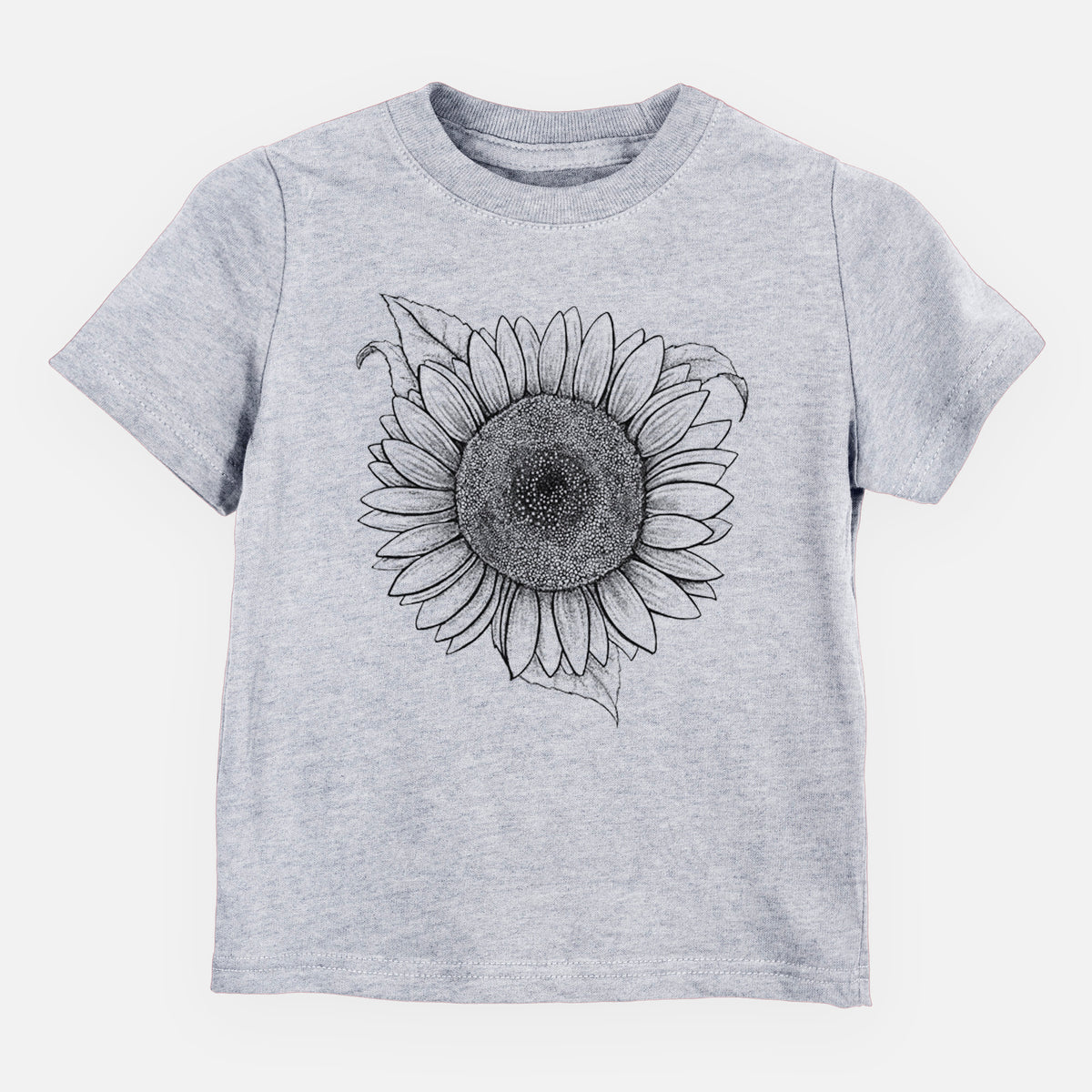 Heather grey toddler t-shirt laid flat, printed with a detailed black ink line drawing of a Lemon Queen sunflower in bloom.