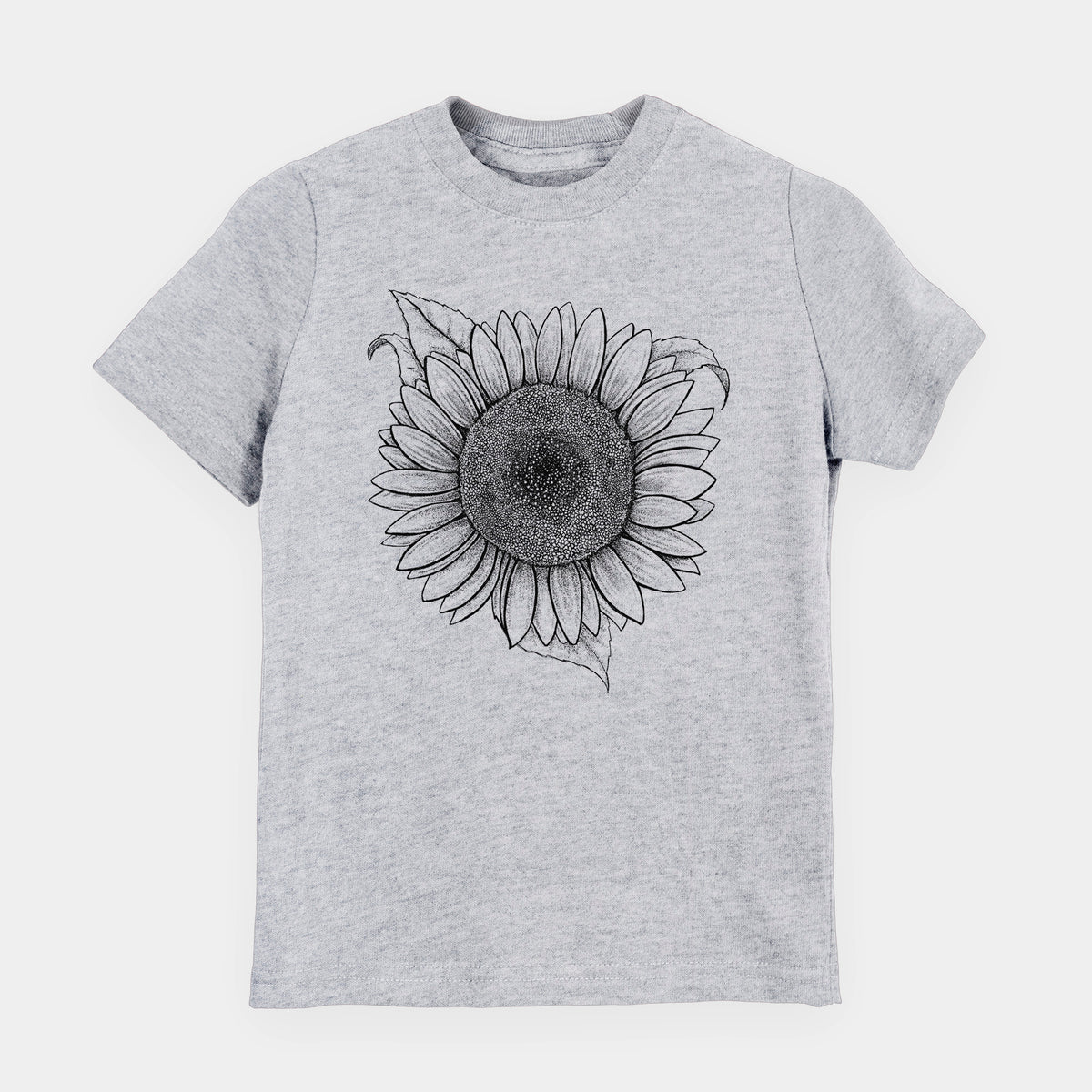 Heather grey youth t-shirt laid flat, printed with a detailed black ink line drawing of a Lemon Queen sunflower in bloom.
